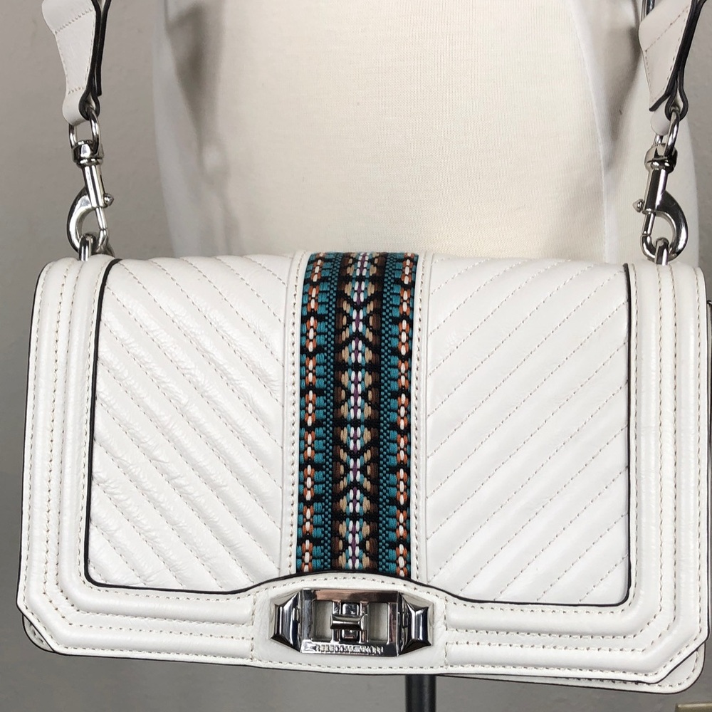 Rebecca Minkoff White Quilted Leather  Turquoise Guitar Strap Bag